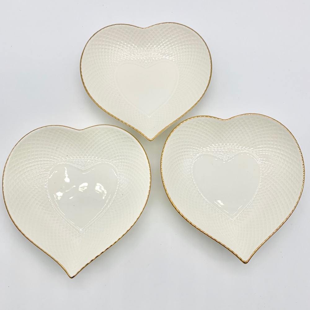 3 Mikasa ivory bone china hearts w/24 k gold trim